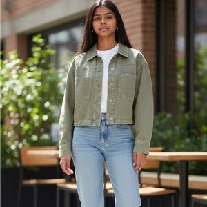 Zara Cropped Denim Jacket Olive Khaki Oversized Adjustable Waist Women’s XS